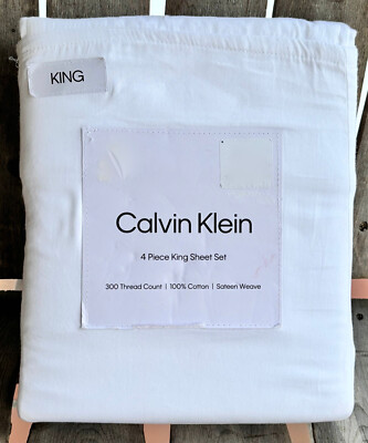 CALVIN KLEIN King Size White 100% Cotton 300 Thread Sateen Sheet Set