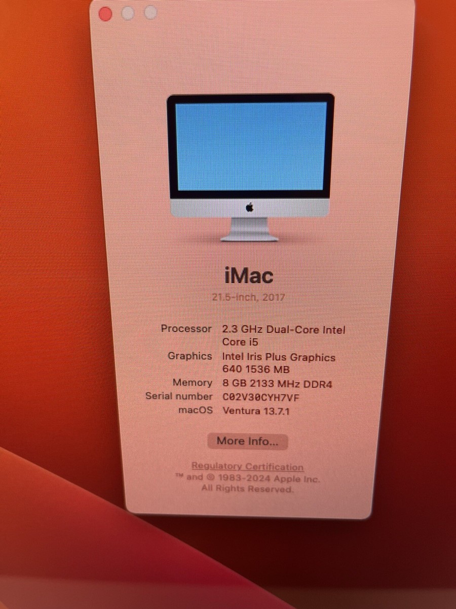 iMac 21.5” 2017 2.3 GHz Dual-Core Intel i5 8GB RAM 1TB macOS