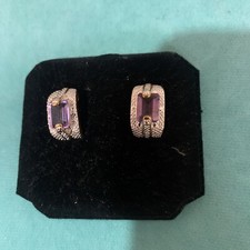 BEAUTIFUL AMAZING DESIGN STERLING SILVER HALF HOOPS AMETHYST POST BACK EARRINGS