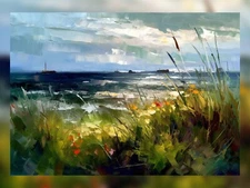 Grass by the Sea Oil Painting Print Art Decor 5"x7"