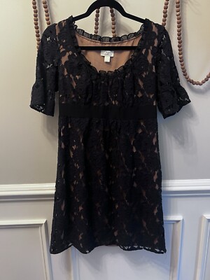 LOFT LACE OVERLAY DRESS SHORT SLEEVE BLACK LACE NUDE UNDER SIZE 4 SEXY  CLASSY | eBay