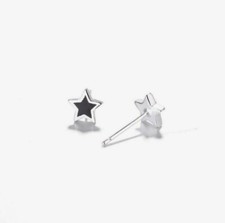 Unisex Punk Silver Tiny Black Star Stud Earrings