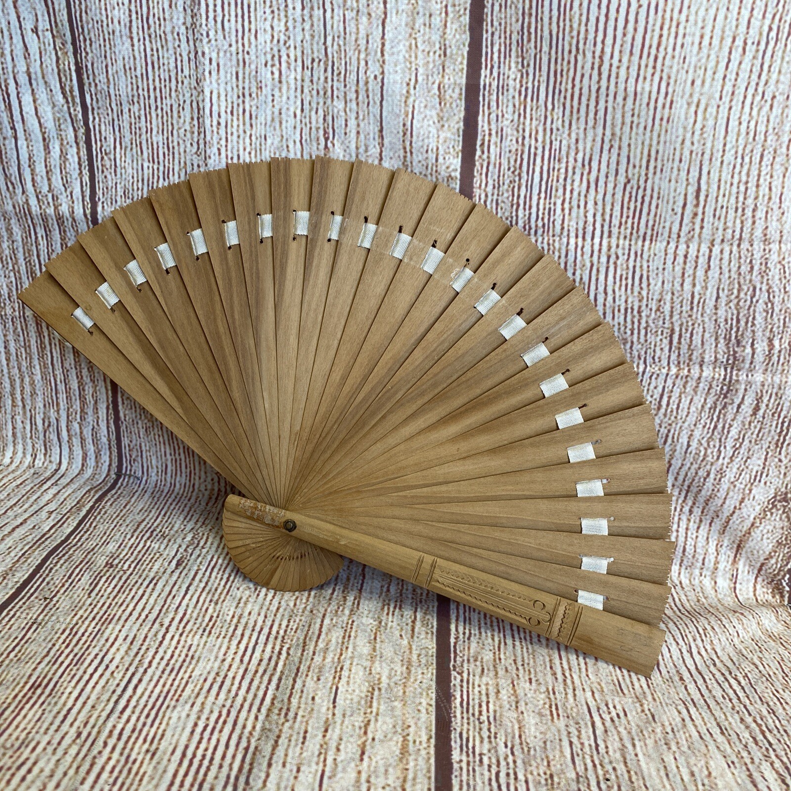 Vintage Hand Fan Wood 6.5” Hand Carving Made Antique … Gem