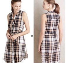 Anthropologie Holding Horses Plaid Shirt Dress Tunic Size 6 Sleeveless Button Up