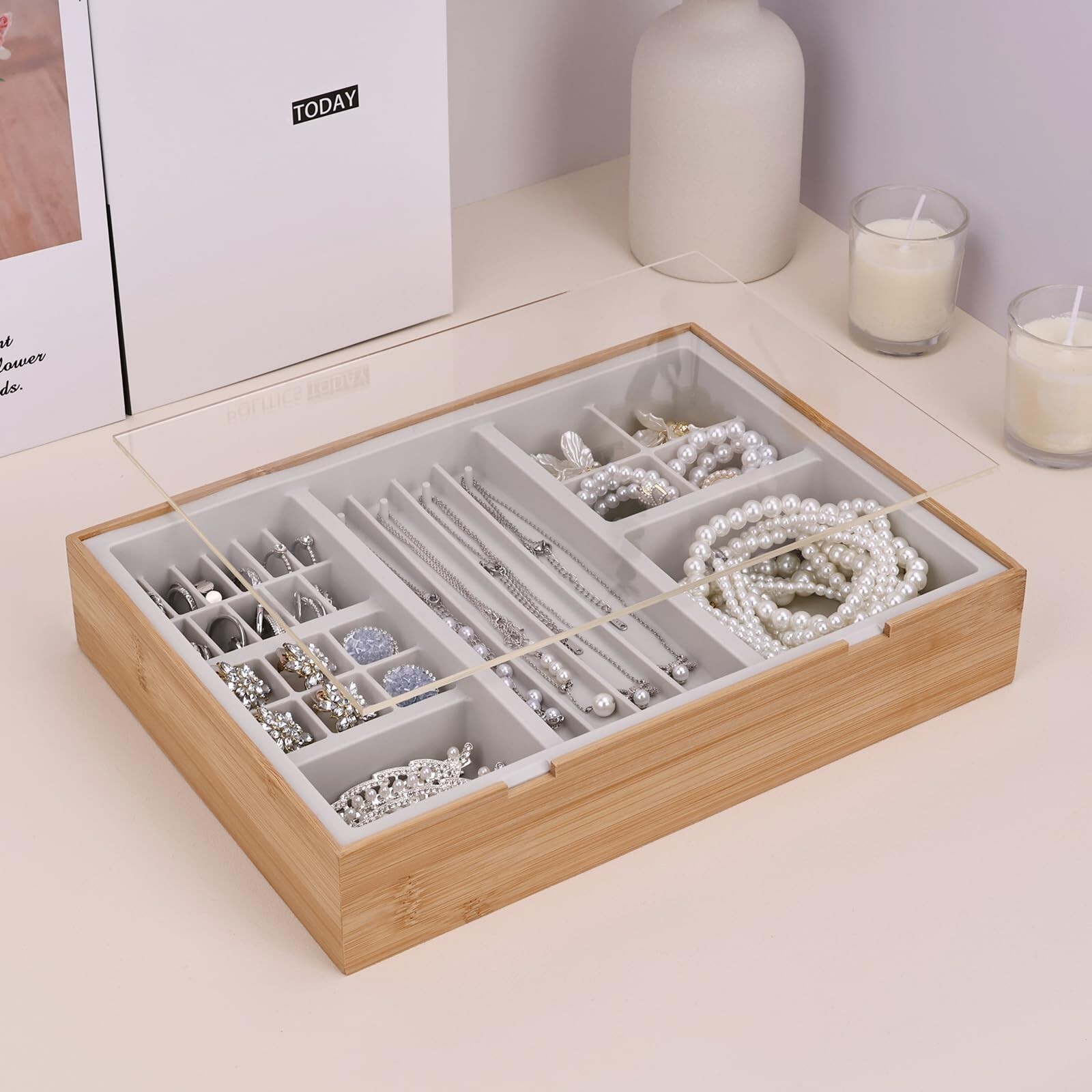 Jewelry Box with Acrylic Lid and Bamboo Organizers for Storage