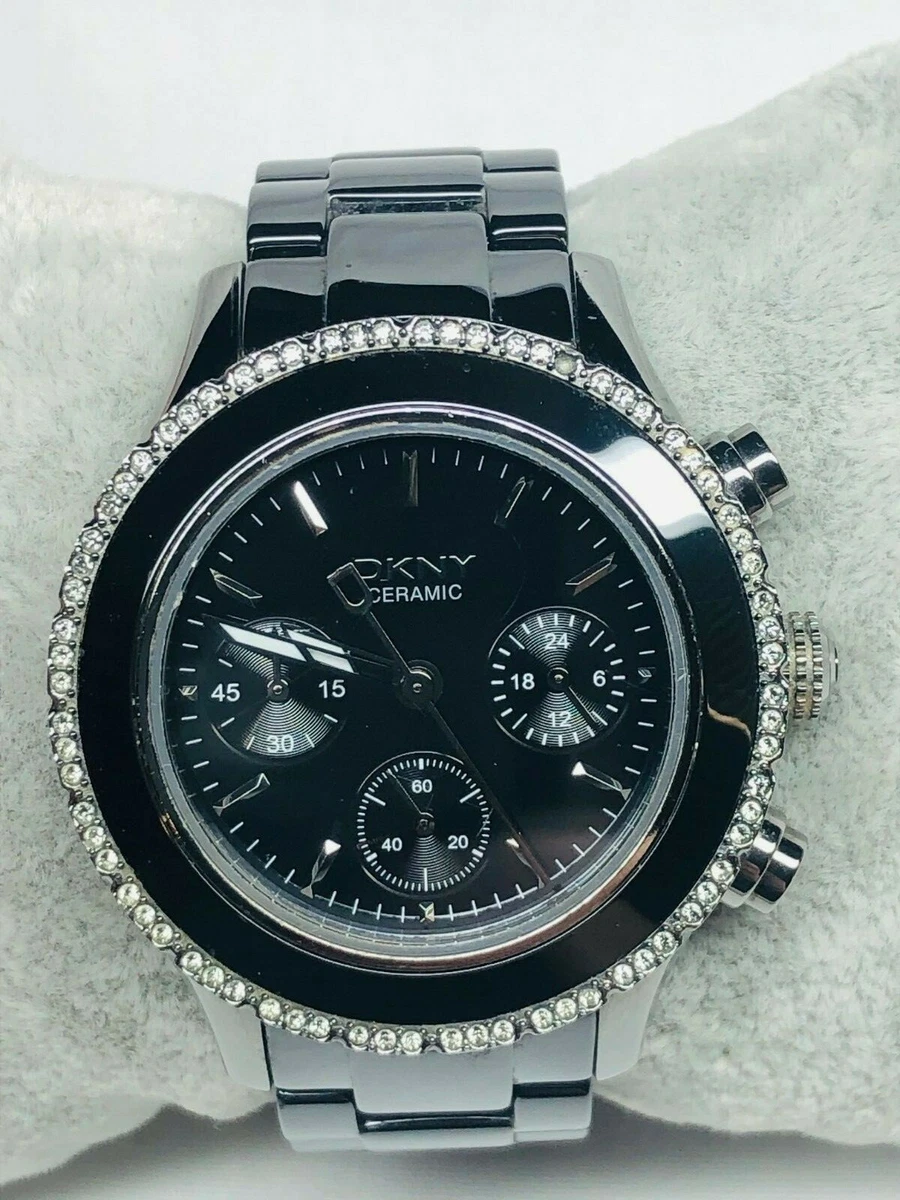 Ladies DKNY BLACK CERAMIC CHRONOGRAPH DIAL PAVE CRYSTAL BEZEL