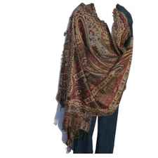 Shawl | Wool + Modal | Paisley Design | Handloomed | Tassels | Red & Teal