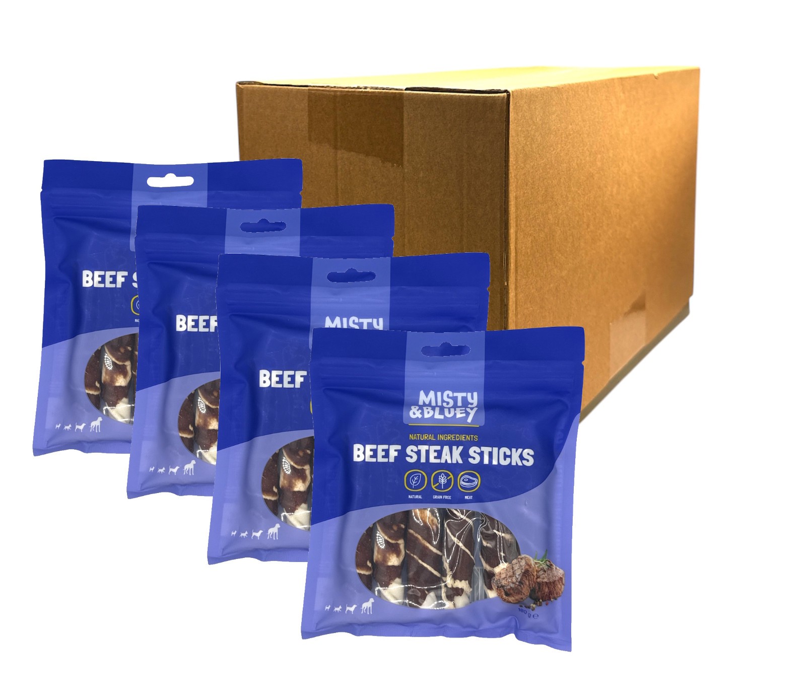 MISTY & BLUEY BEEF STEAK STICKS NATURAL MEAT DOG CHEW TREATS 180G CASE OF 4
