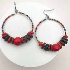 Vintage 80s 90s Wood & Glass Bead Hoop Earrings Boho Festival Fashion Jewelry