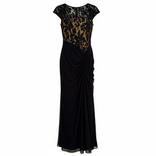Tadashi Shoji Size 6 Lace Draped Tulle Square Neck Navy Ivory Formal Dress Gown
