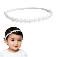 Adjustable Lace Baptism Headband, White Elegant Pearl  Flower Christening Headb