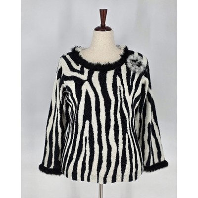 Design Options Philip & Jane Gordon Sweater Womens XL Zebra Faux Fur Trim Pom Po