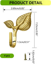 Set of 4 Vintage Leaf Wall Hooks Golden Metal Coat Hooks Heavy Duty Decorativ...