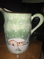 Vintage Macys The Cellar Log Cabin Large 56 oz Ceramic Pitcher Holiday Christmas