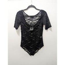 ZARA Black Short Sleeve Sheer Lace Bodysuit With Gathered front Women's Size M