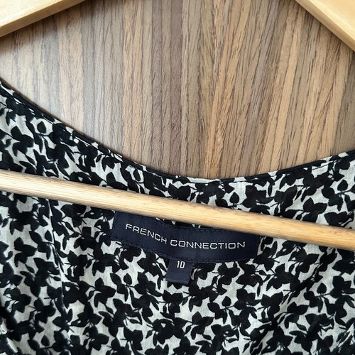 French Connection Black White Floral Leaf Tiered Long Sleeve Mini Smock Dress 10 - Picture 4 of 8