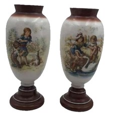 Pair Of Antique Victorian Bristol Milk Glass Vases Hand Painted Children Animals