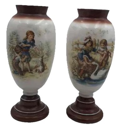 Pair Of Antique Victorian Bristol Milk Glass Vases Hand Painted Children Animals
