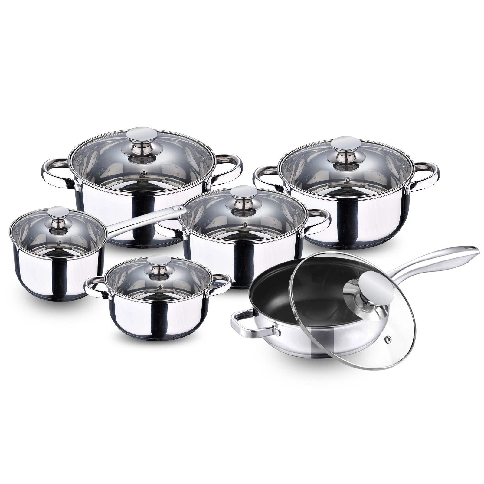 12PCS Stainless Steel Cookware Casserole Stockpot Pans Set Glass Lids Kitchen