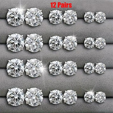 12 Pairs Stainless Steel Silver Stud Earrings Set CZ Round Crystal Men Women Kid