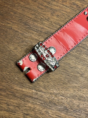 Red Rhinestone Rivet Horseshoe leather Belt BHW Womens Small no buckle 27" - 32" - Picture 2 of 12