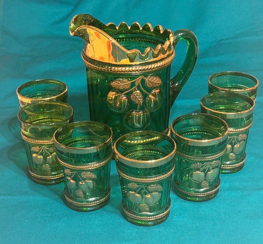Northwood Cherry Cable Emerald Green Glass Water Set 7pc Gold EAPG Signed 1910
