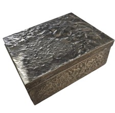 Antique Jewellery Box Arts & Crafts Movement, Hand-beaten Pewter & Wood, Flowers