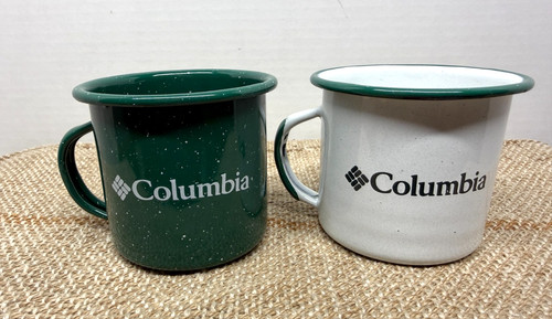 Set of 2 Columbia Brand Green Enamelware Mugs Cups Camping Coffee