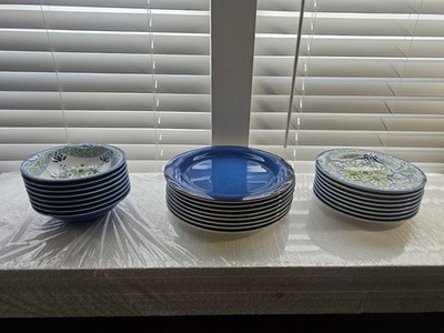 24~Spanish Medallion Tile Blue Green Melamine Dinner Salad Plates Cereal Bowls 