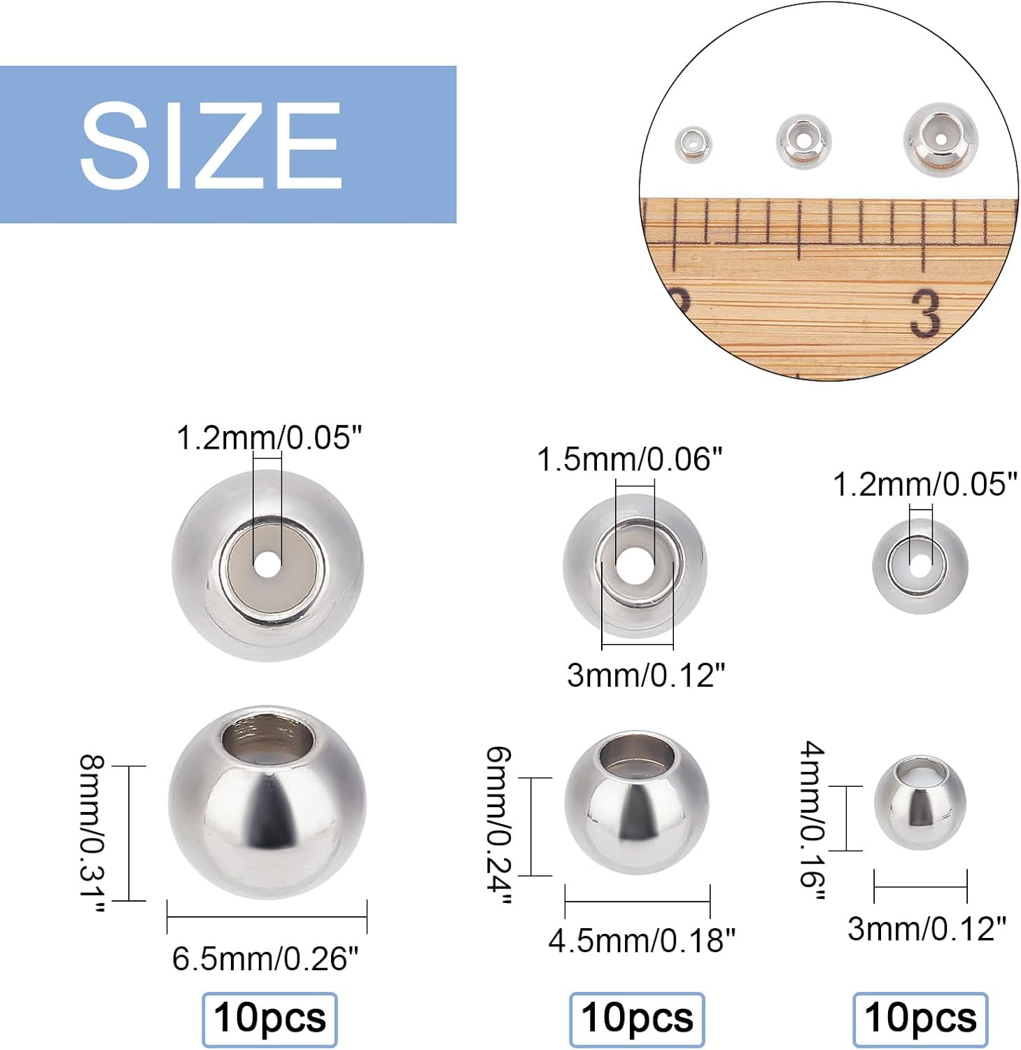 PH Pandahall 30Pcs Stainless Steel Stopper Beads Slider Beads 4Mm 6Mm 8Mm Rondel