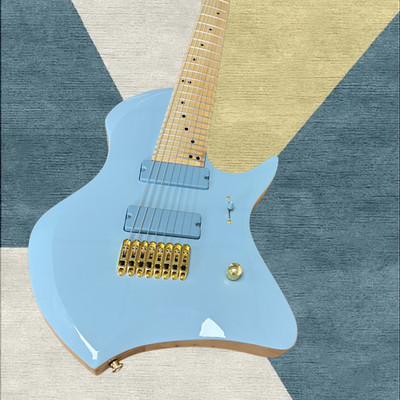 Custom 8-String Electric Guitar Light Blue Finish Solid Body Gold Hardware