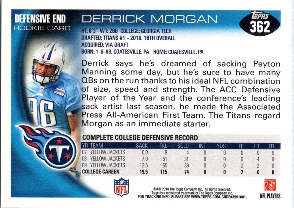 2010 Topps Derrick Morgan #362 Tennessee Titans - Image 2 of 2