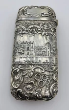 Nathaniel Mills Antique English Sterling Silver Castle Repousse Cigar Case