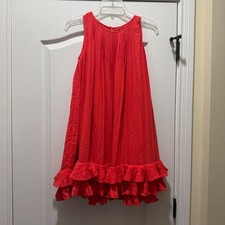 Lands End Girl Red-Orange Pleated Tiered Ruffle Hem Sleeveless Party Dress Sz 12