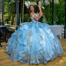 Sky Blue Quinceanera Dress Off Shoulder Tiered Lace Applique Ball Gowns Sweet 16