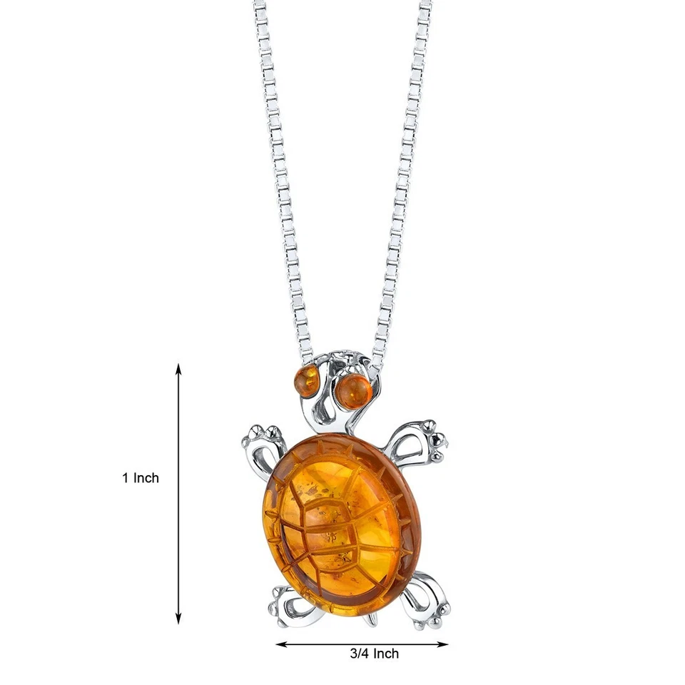 Genuine Baltic Amber Gemstone Turtle Pendant Necklace in Sterling Silver Foto 2 de 4