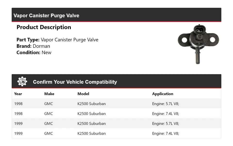 For 1998-1999 GMC K2500 Suburban Dorman Vapor Canister Purge Valve - Image 2 of 4
