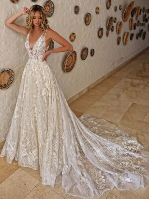 Glitter Lace Wedding Dresses V-Neck Backless Tulle Applique A-Line Bridal  Gowns | eBay