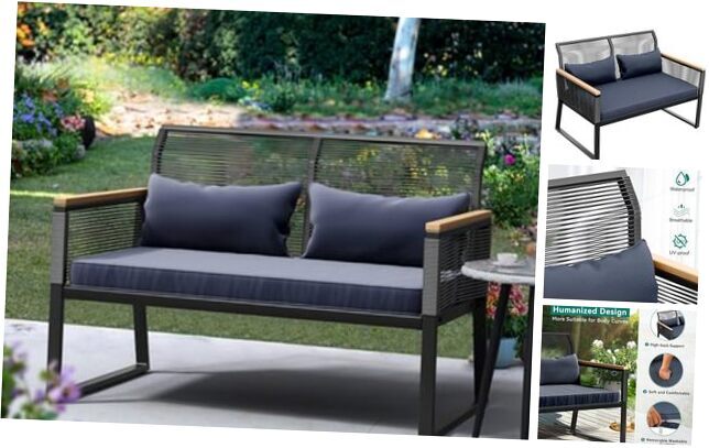Patio Loveseat Wicker Outdoor Furniture, All Weather Rattan Dark Gray Modern