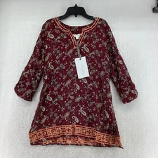 Mangolia Grance Womens Maroon Long Sleeve 3/4 Sleeve V Neck Tunic Top Size M