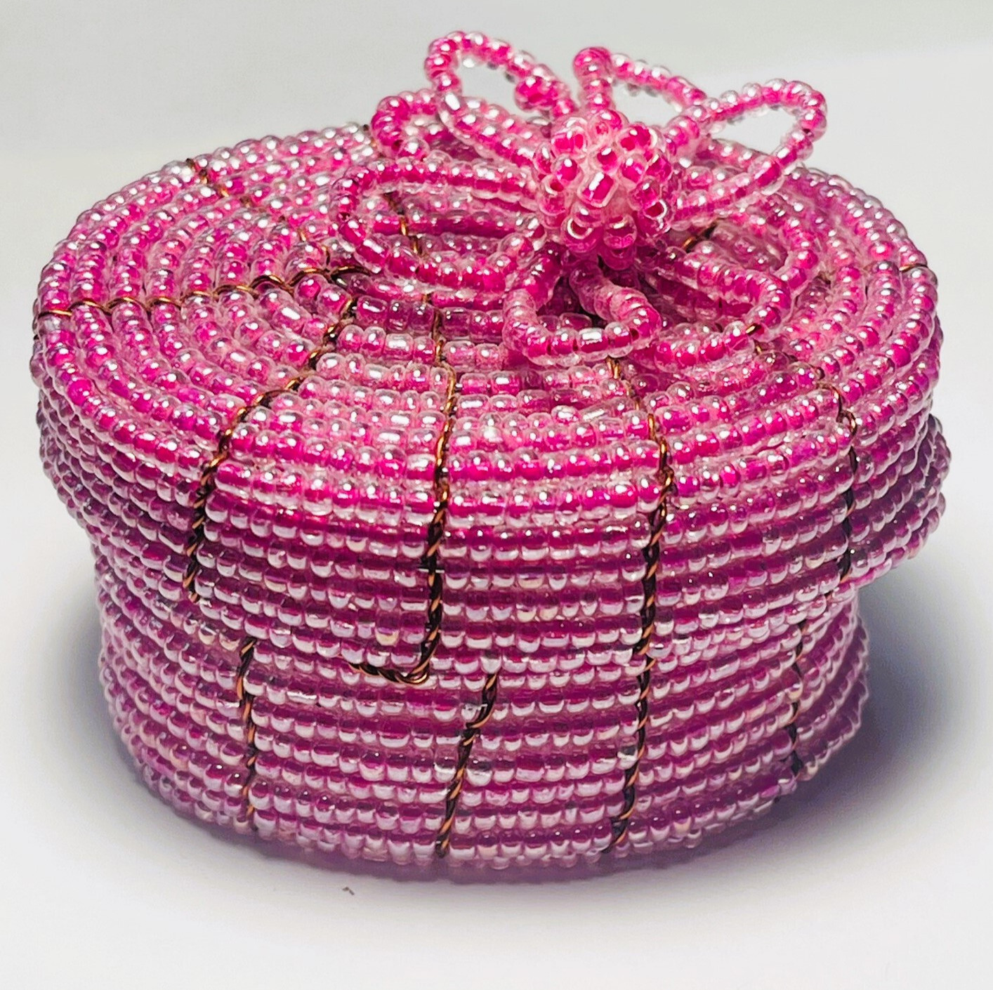 Pink Beaded Trinket Box Wire Basket Flower Oval Floral Seed Bead Handmade Gift