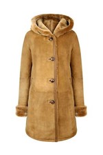 Womens Real Sheepskin Jacket 3/4 Long Hood Merino Fur Button Camel Tan