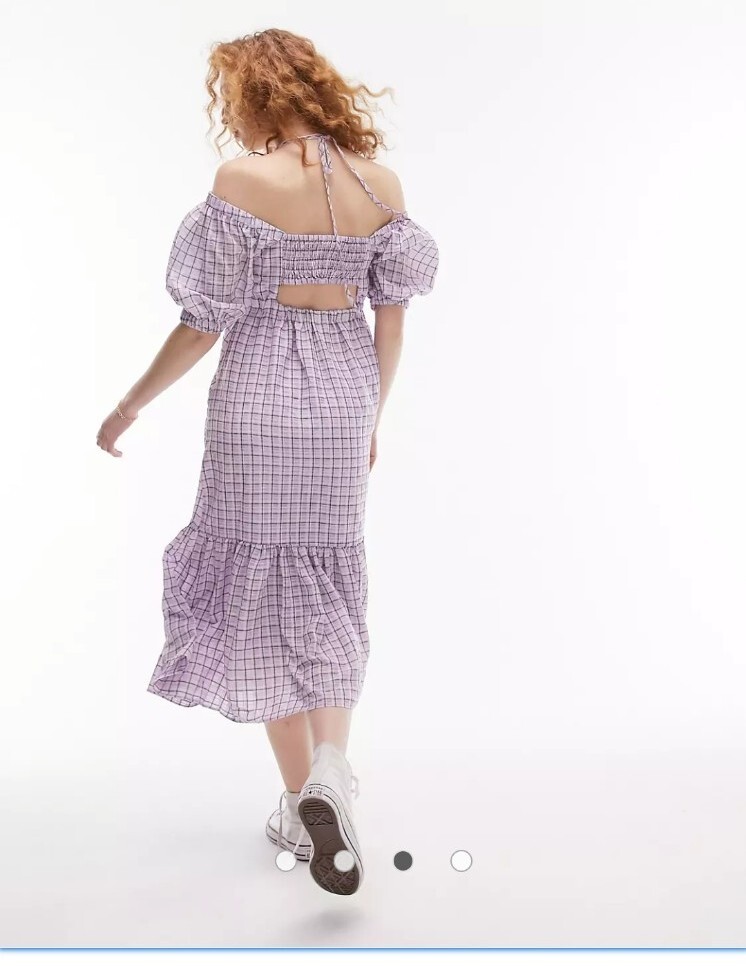Topshop Shirred Midi Dress LILAC Gingham Check 12 US | eBay