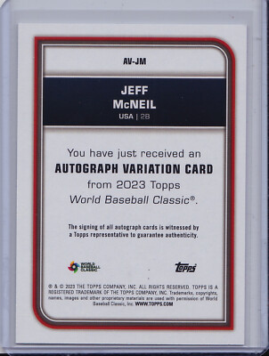 Jeff McNeil 2023 Topps WBC World Baseball Classic Auto Team USA 