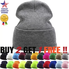 Beanie Hat Men Women Plain Knit Ski Cap Warm Slouchy Skull Winter Cuff Thermal