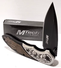 M-Tech Stainless Steel Scroll Work Linerlock Spring Open Assisted Pocket Knife