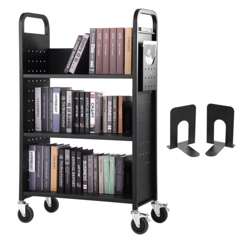 VEVOR Book Cart Library Cart 330 lbs Capacity with L-Shaped Shelves in Black - Picture 1 of 12