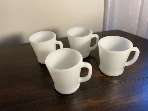 Set of 4  Vintage Anchor Hocking Milk Glass Mugs. Fire King D-Handle/ Oven Proof