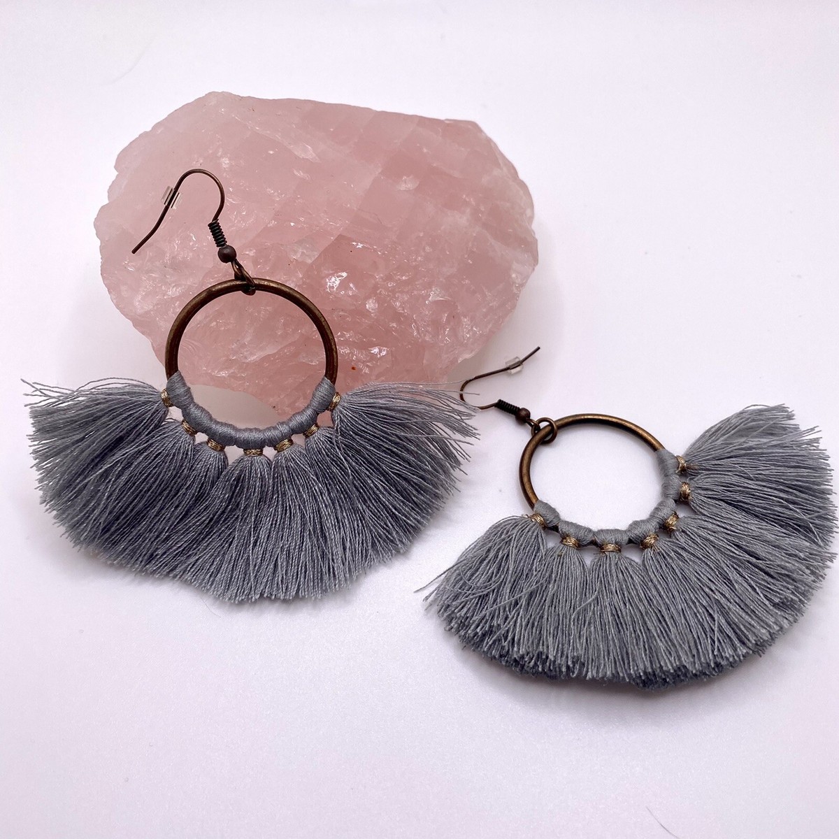 Women's Bohemian Long Fringe Fan Earrings - Green Cubic Zirconia & Copper Dangle Earrings, 4.3 Inch