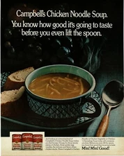 1973 CAMPBELL'S Chicken Noodle Soup blue cup with crusty bread Vintage Print Ad